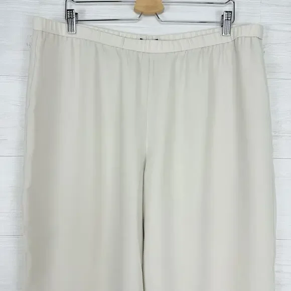 Eileen Fisher Size XL Silk Georgette Crepe Cropped Pants Wide Leg Pull On Bone - Picture 4 of 16